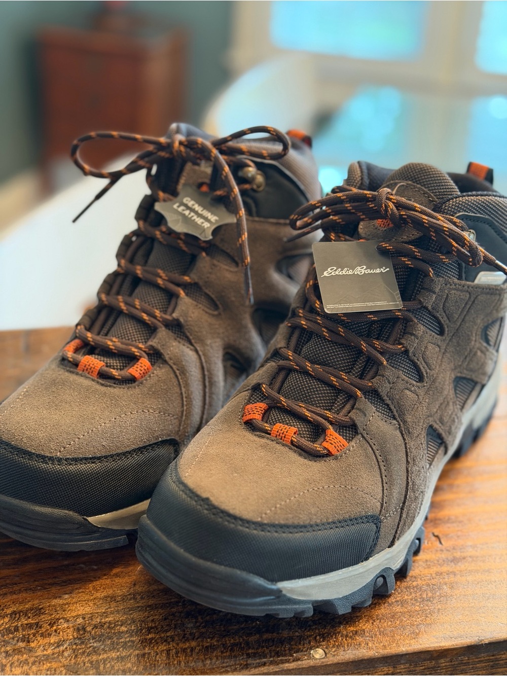 Eddie Bauer Men's Brown Suede Boots with Orange Accents